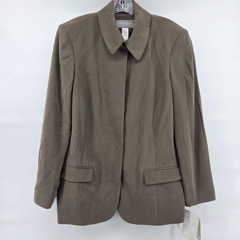 Vtg Liz Claiborne Blazer 14 Taupe 100% Silk Neutral Professional Minimalist